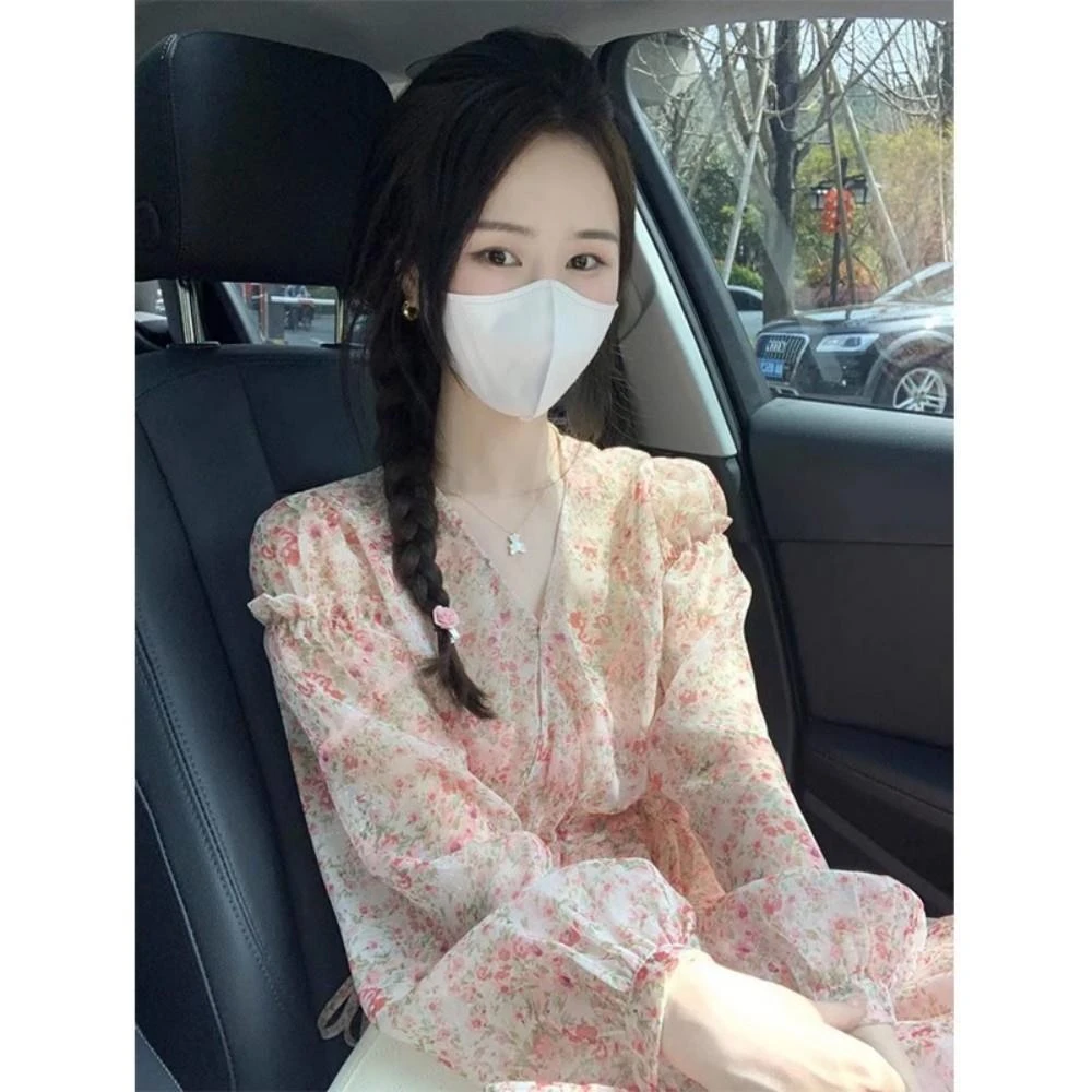 大码女装碎花雪纺连衣裙女春秋季2025新款长袖法式显瘦气质长裙子