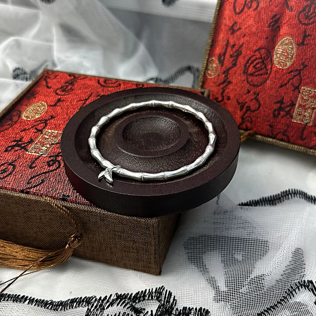 足银手镯 S060 闭口竹节带叶子手镯经典百搭手工时尚复古