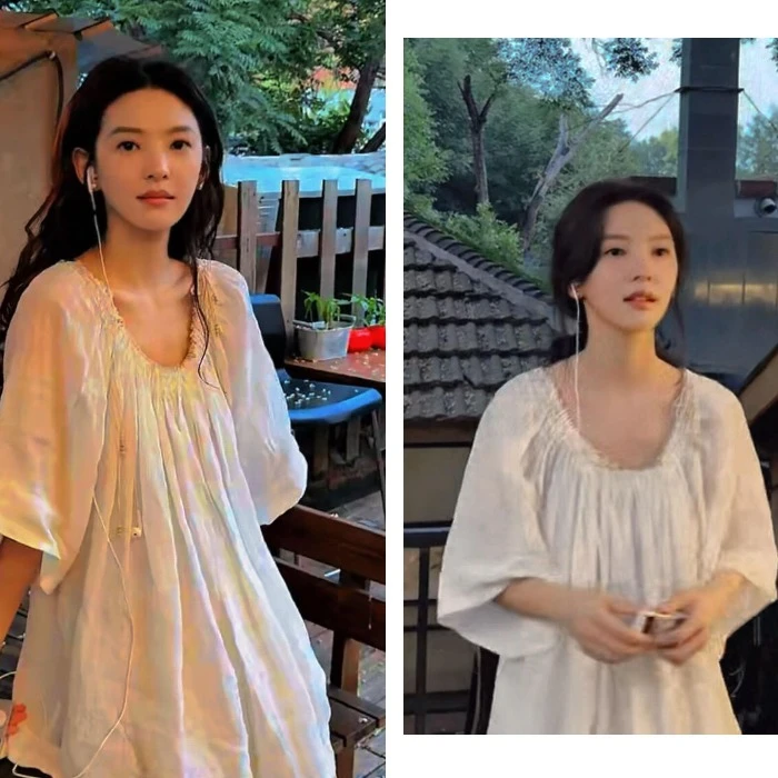 章若楠2025夏季新款白色宽松褶皱减龄甜美休闲遮肚插肩袖衬衫上衣