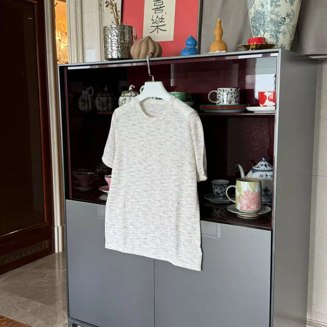 MYL 2025年夏季新款棉麻混纺花米珠片针织衫圆领短袖花纱绿针织衫