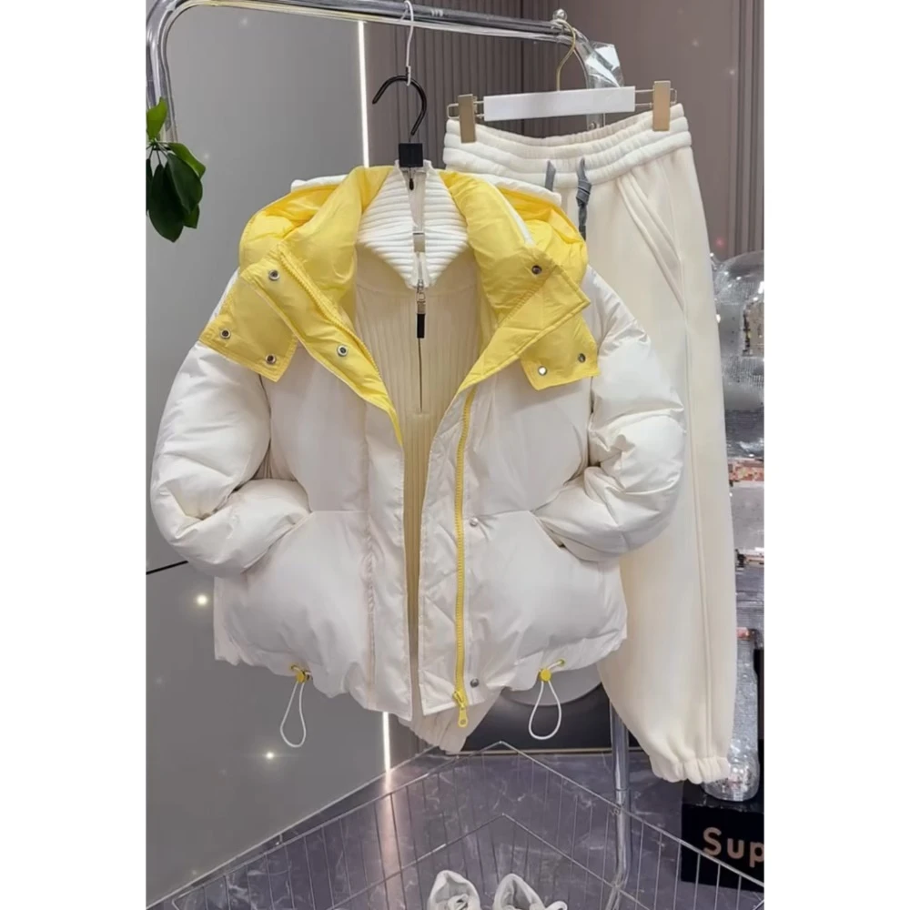 设计感高级洋气棉服女2025冬季新款拼色连帽短款宽松棉衣时尚百搭