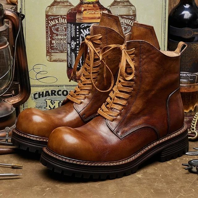 马丁靴男真皮潮男士时尚秋冬中筒系带高帮真皮工装靴户外靴子E319