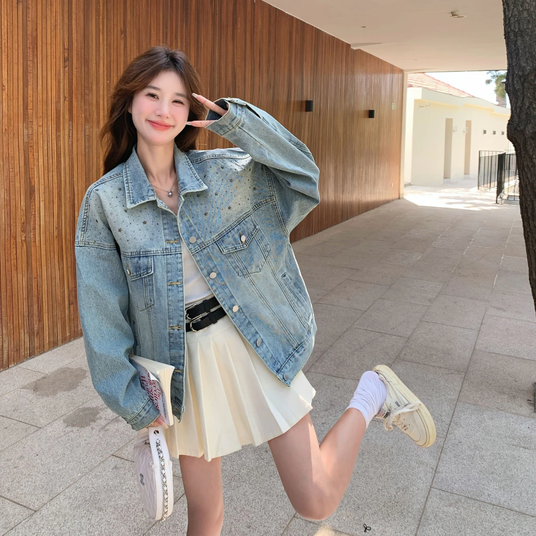 美式烫钻牛仔外套女春秋2025新款韩系独特超好看又酷又飒流行上衣