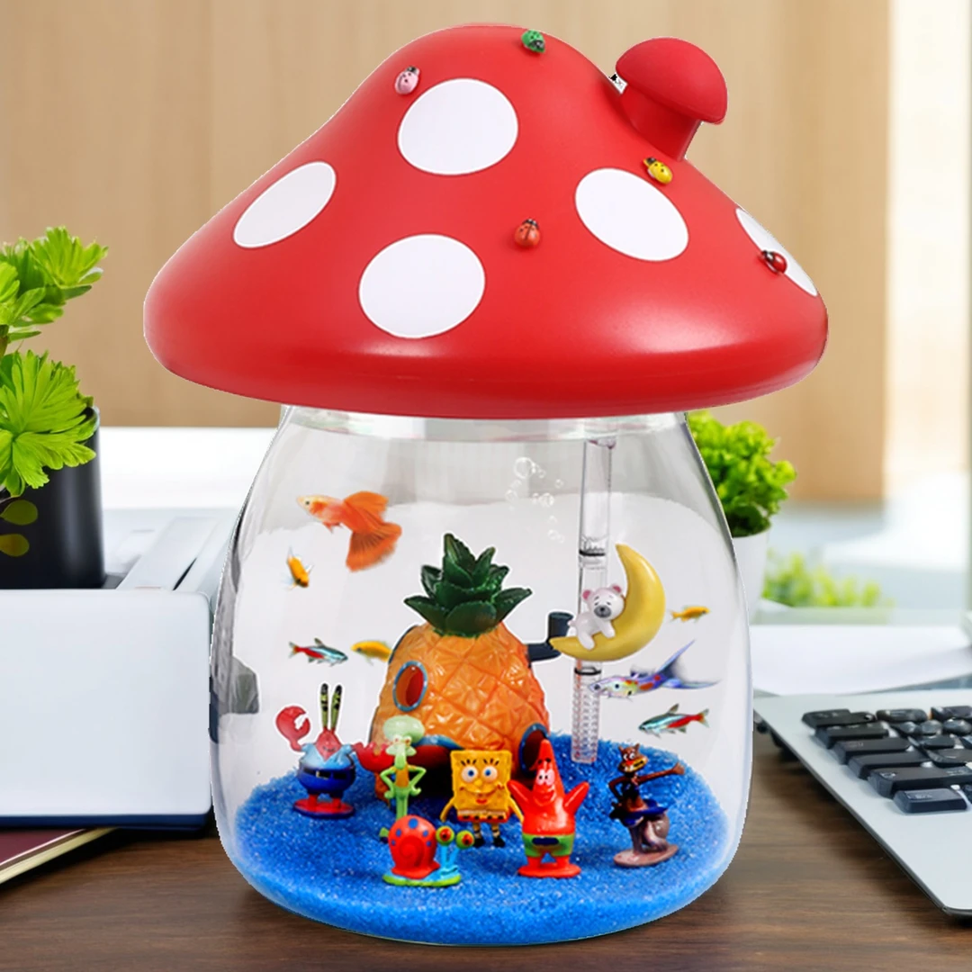 【大促特惠】蘑菇玻璃鱼缸卡通鱼缸小型桌面鱼缸创意水族生态造景缸