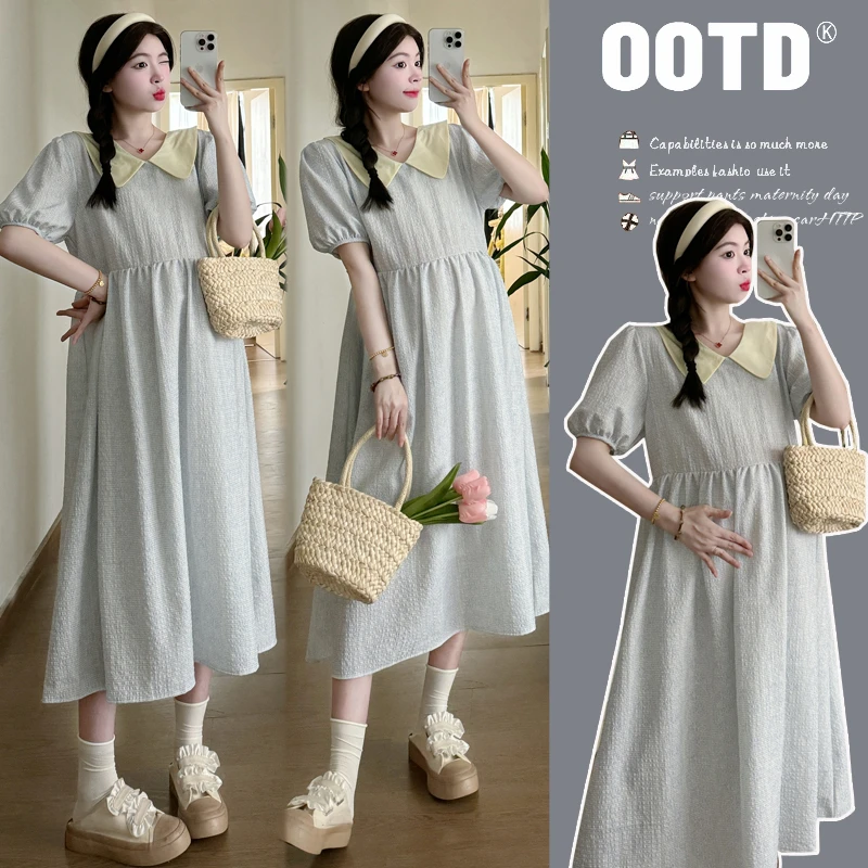 MIMI~孕妇装2025韩系复古温柔风宽松绑带撞色娃娃领拼接连衣裙女