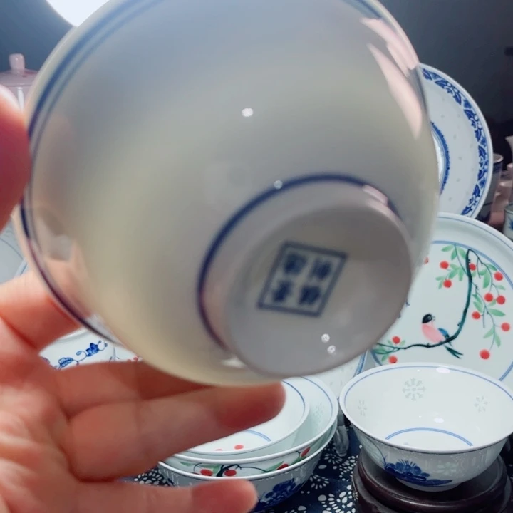 青花玲珑5寸饭碗蓝边