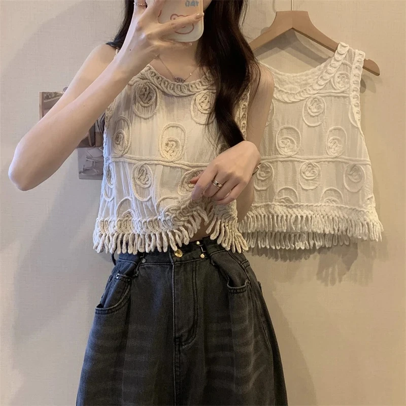韩风复古钩花刺绣拼接流苏背心2025夏季百搭设计感小众吊带上衣