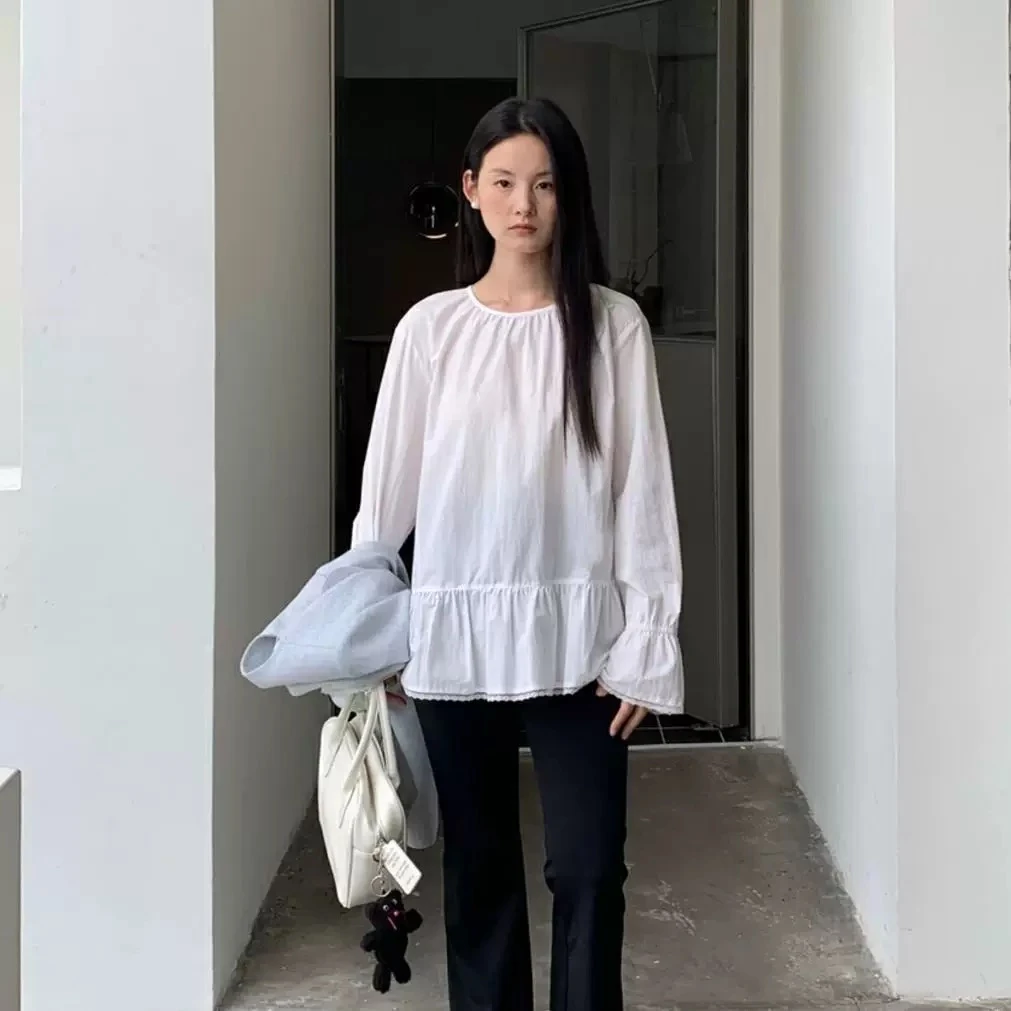 (花田)韩国代购纯棉!必拍!韩系荷叶花边长袖衬衣女圆领上衣3280