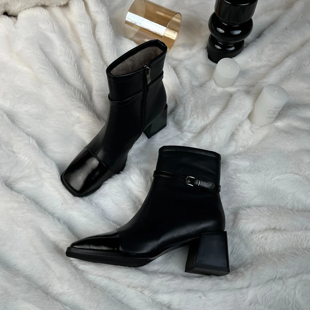 603-762/羊皮/6cm/秋冬时尚舒适拼接粗跟高跟真皮女鞋短靴子