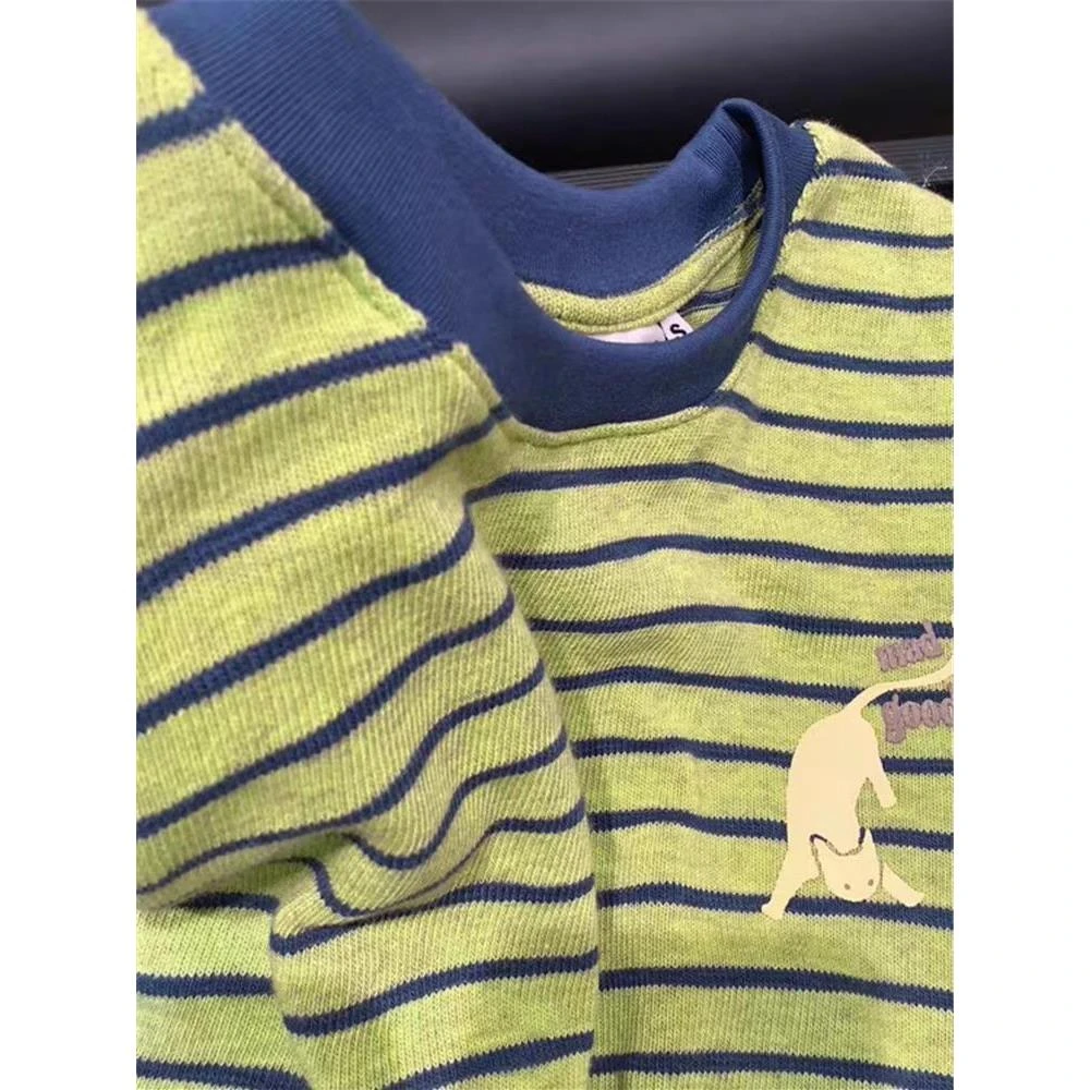 胖先生夏季特大码300斤美式风条纹短袖t恤宽松小猫咪刺绣半袖上