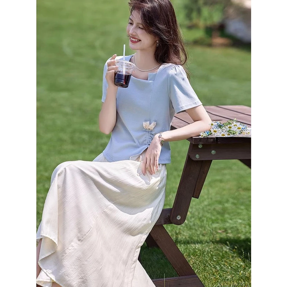 时尚气质2025年夏季新款女简约大气温柔淑女简约通勤裤裙两件套