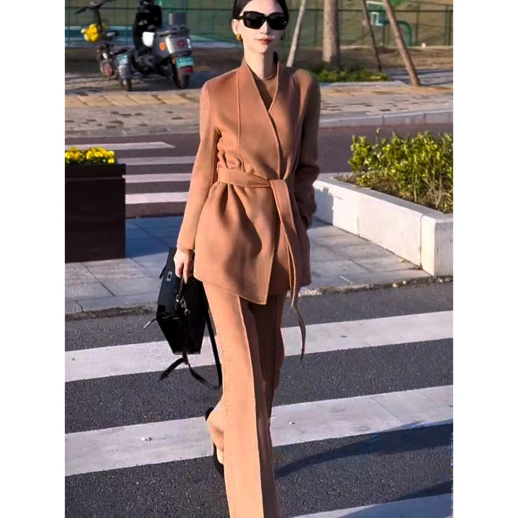 轻熟风高端优雅毛呢2025早春新款简约纯色两件套系带外套搭配裤子