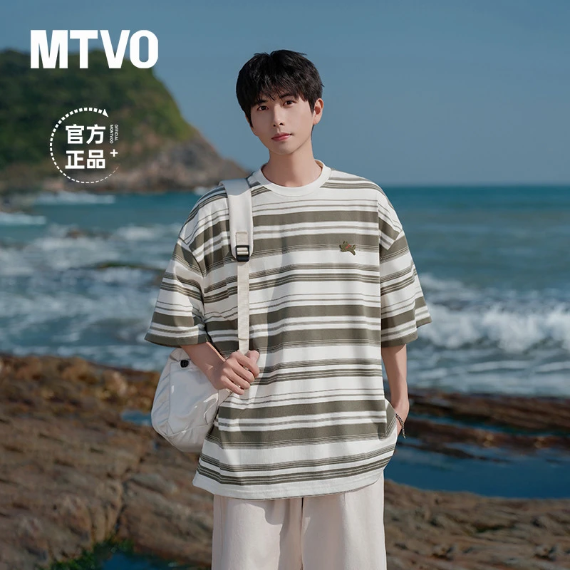 MTVO迈特优夏季男士圆领日系条纹刺绣短袖T恤百搭宽松潮流半袖040