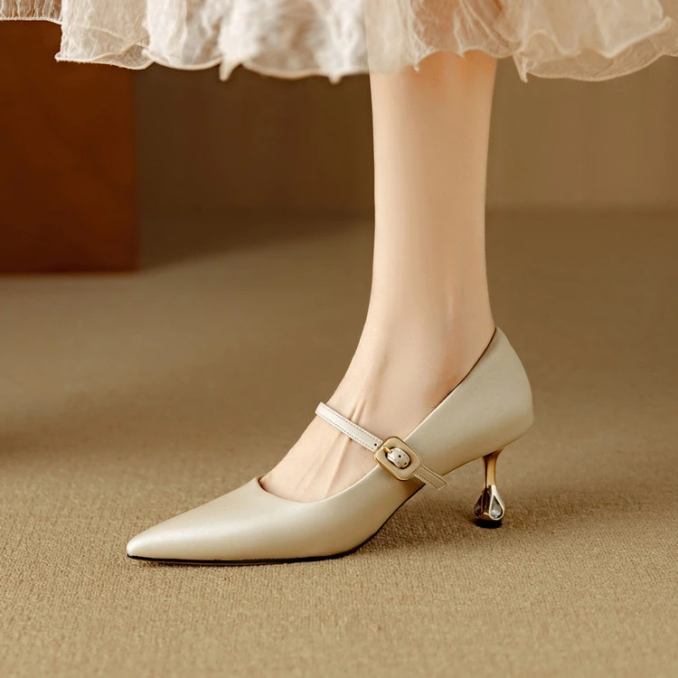 里外纯皮～丝绸羊皮6.5cm尖头法式高跟舒适百搭玛丽珍单鞋秋季细跟