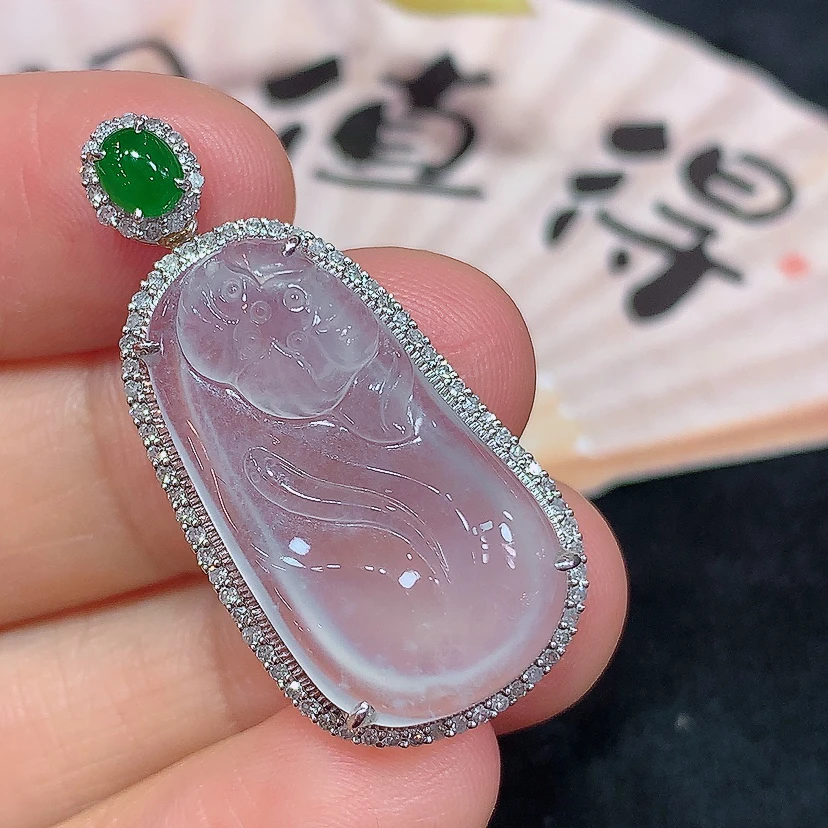 18k金天然A货翡翠莲花牌吊坠轻奢时尚气质百搭