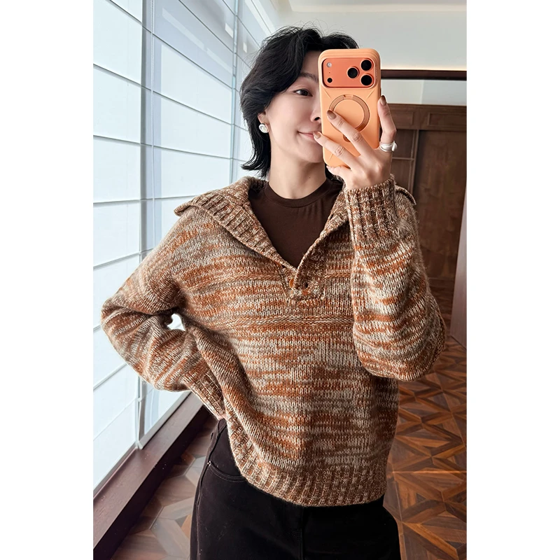 HERLAND她地【花生酱】100牦牛绒长袖高领扣子秋冬百搭休闲套头毛衫