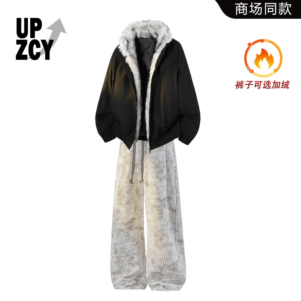 UPZCY冬季潮流座山雕棉衣套装男痞帅宽松高级保暖外套扎染休闲裤