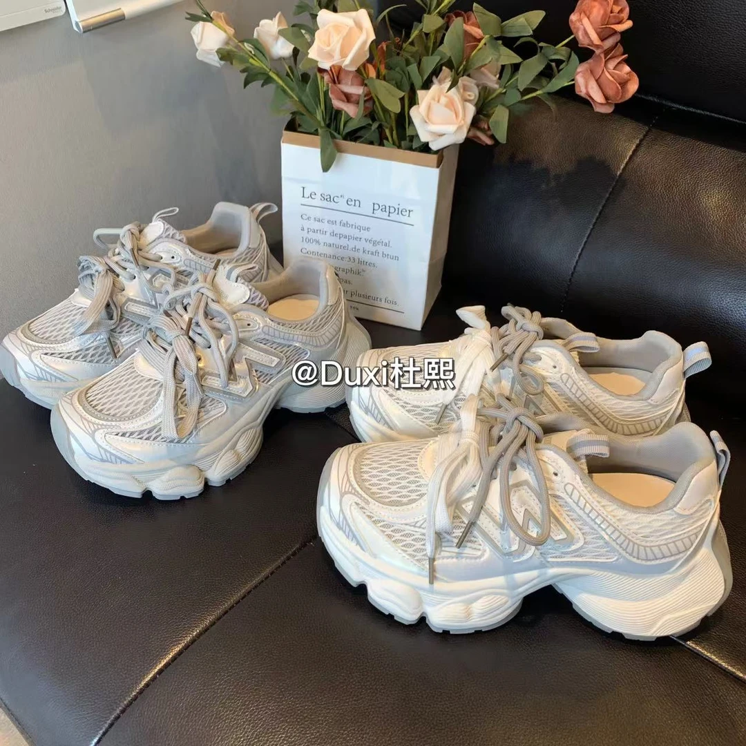 Duxi杜熙2025春夏新款厚底增高老爹鞋皮网拼接舒适透气双鞋带设计