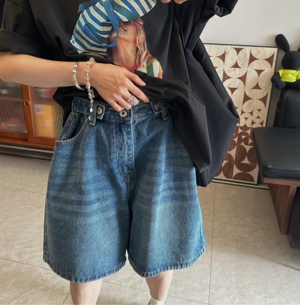 2025韩版宽松休闲时尚调节腰水洗牛仔短裤四分裤