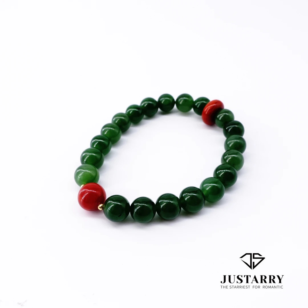 JUSTARRY【孤品秒杀】18k金天然和田玉碧玉配南红玛瑙手串百搭气质