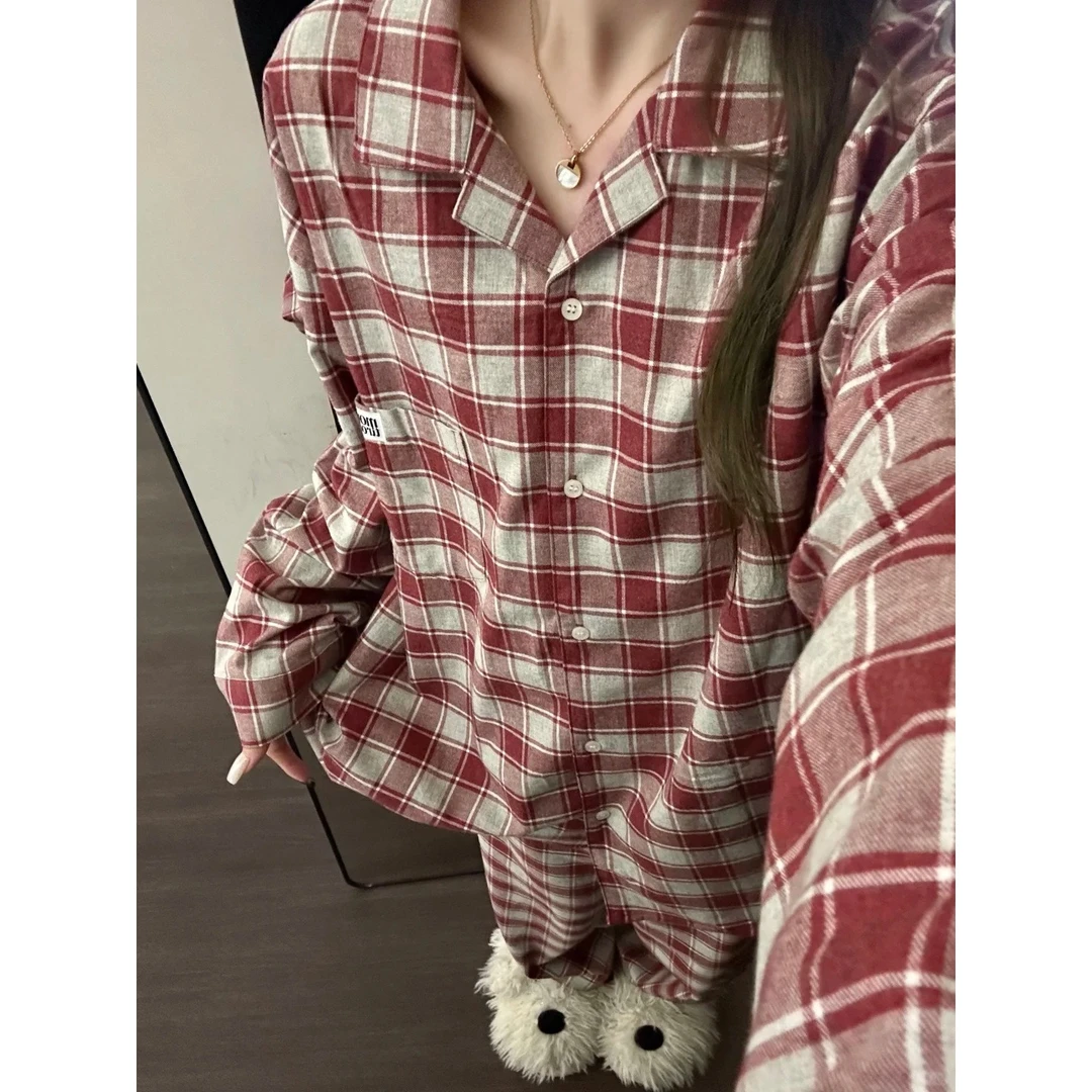 韩版复古红白格子睡衣女春秋新款长袖翻领宽松可外穿家居服套装