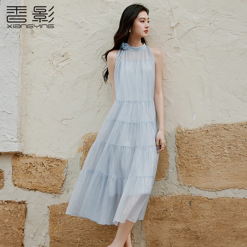 L85S638连衣裙 香影优雅挂脖连衣裙夏季新款立体花朵海边度假裙子