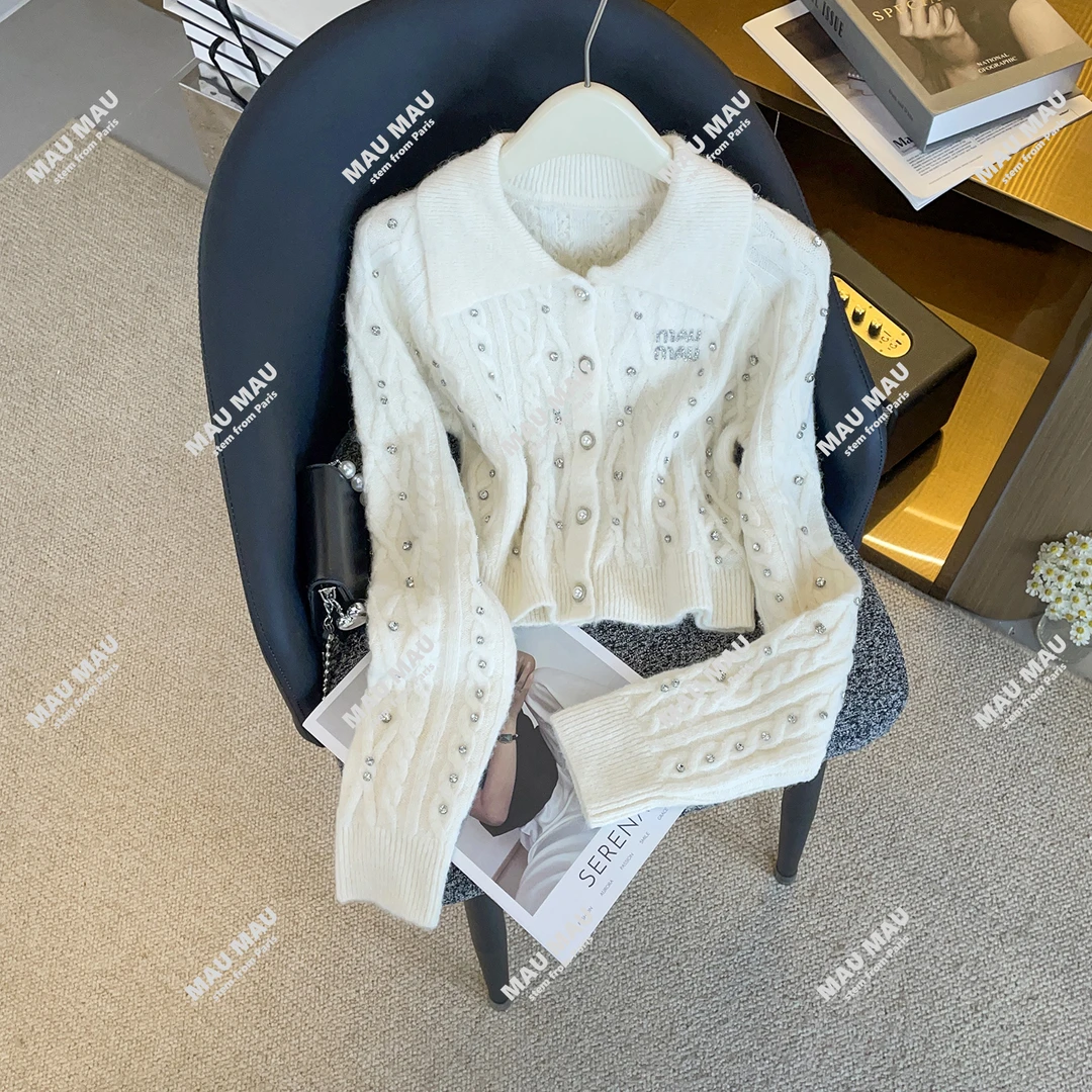 2025冬季高端女装新款高级感镶钻翻领麻花毛衣针织开衫女DY9261