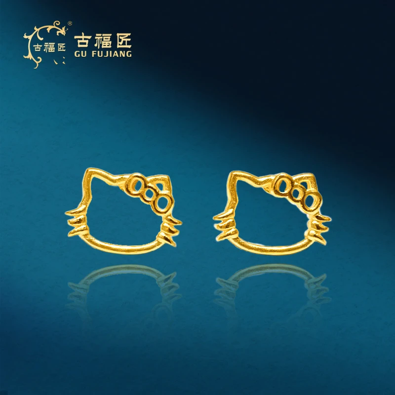 古福匠黄金足金5GKT猫耳钉猫咪耳钉5G厚1.9mm钉长11mm
