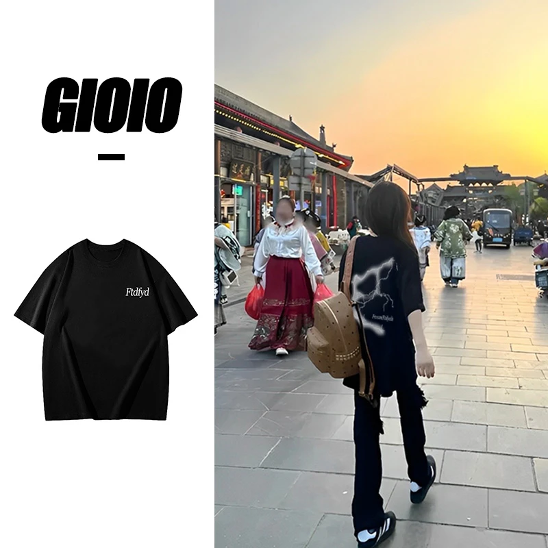 GIOIO春夏季T恤女美式潮牌百搭半袖圆领宽松潮流港风短袖纯棉情侣
