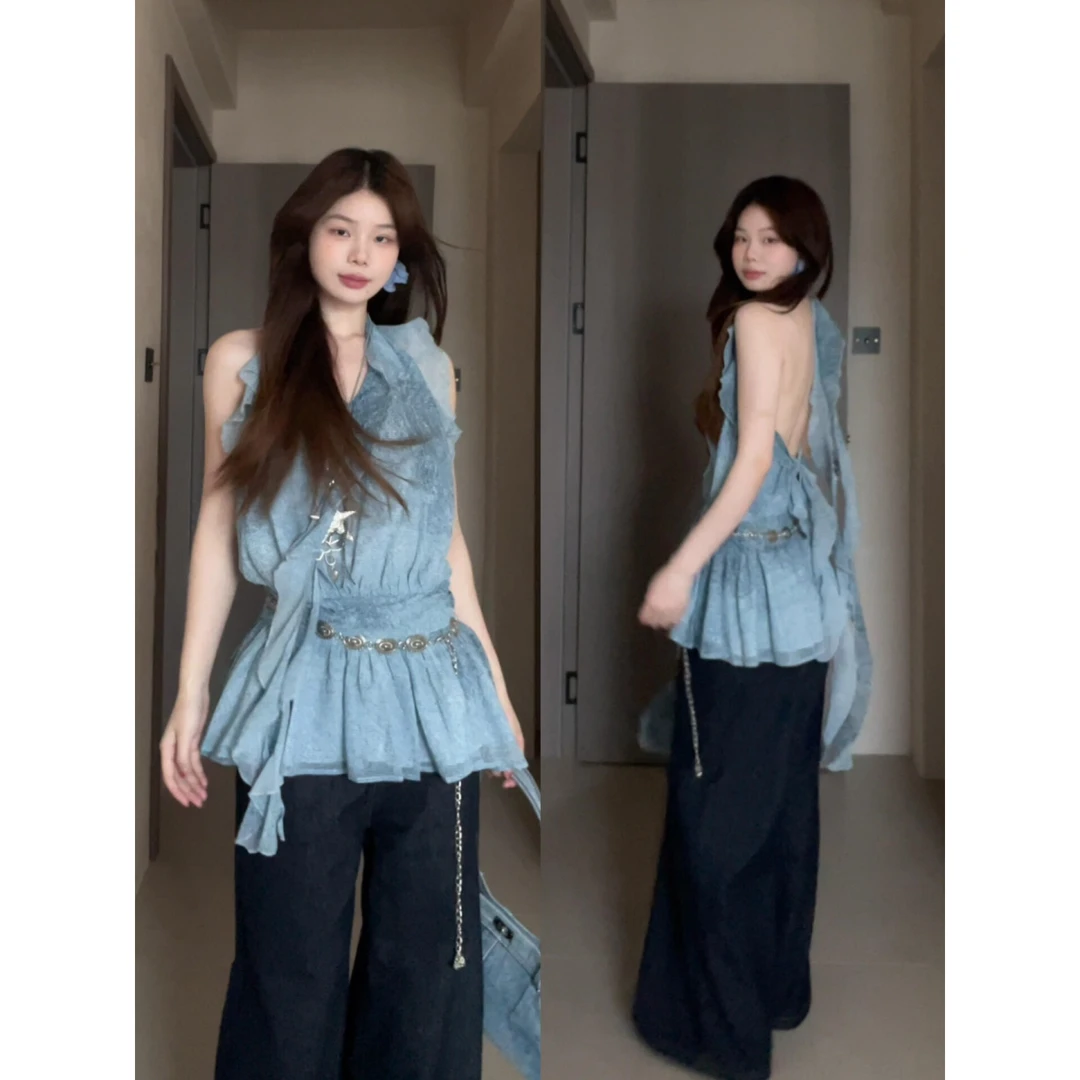 parkyeon纯欲氛围感蓝色荷叶边挂脖背心收腰上衣直筒牛仔裤套装