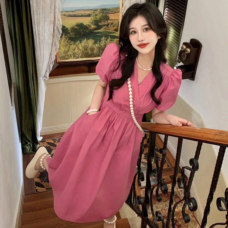 收腰A字树莓色连衣长裙女独特设计感艺术生风格奶乖裙小个子