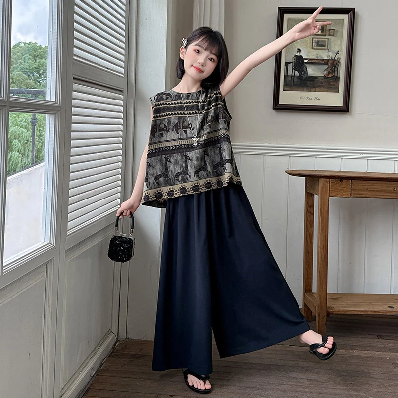 女童复古民族风套装夏2025新款儿童无袖印花上衣百搭阔腿裤两件套