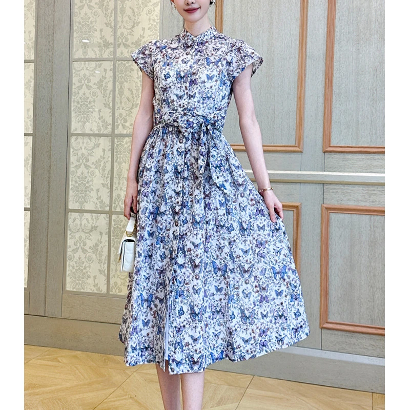 设计感小众蝴蝶印花连衣裙女立领短袖气质显瘦中长裙0785