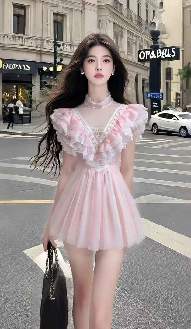 樱花粉小众设计感新款辣妹时尚V领气质温柔纯欲收腰显瘦夏季氛围