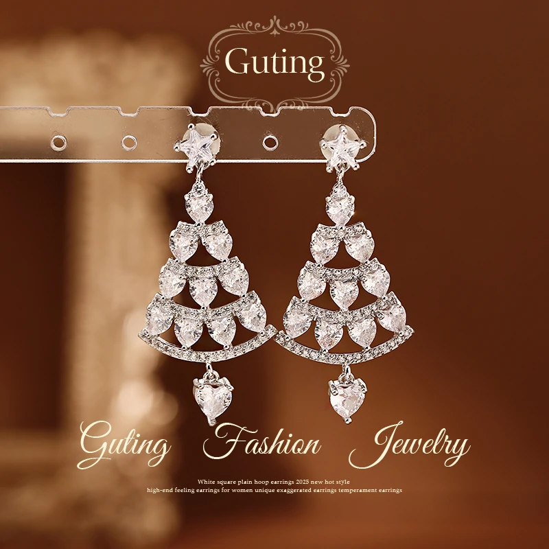 铜合金合成锆石耳饰 23050银色圣诞树耳环女高级感轻奢耳饰耳钉