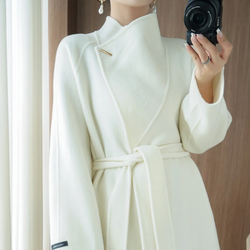 薄款25秋冬欧美高奢风新款保暖双面羊毛呢中长款风衣外套女纯羊毛