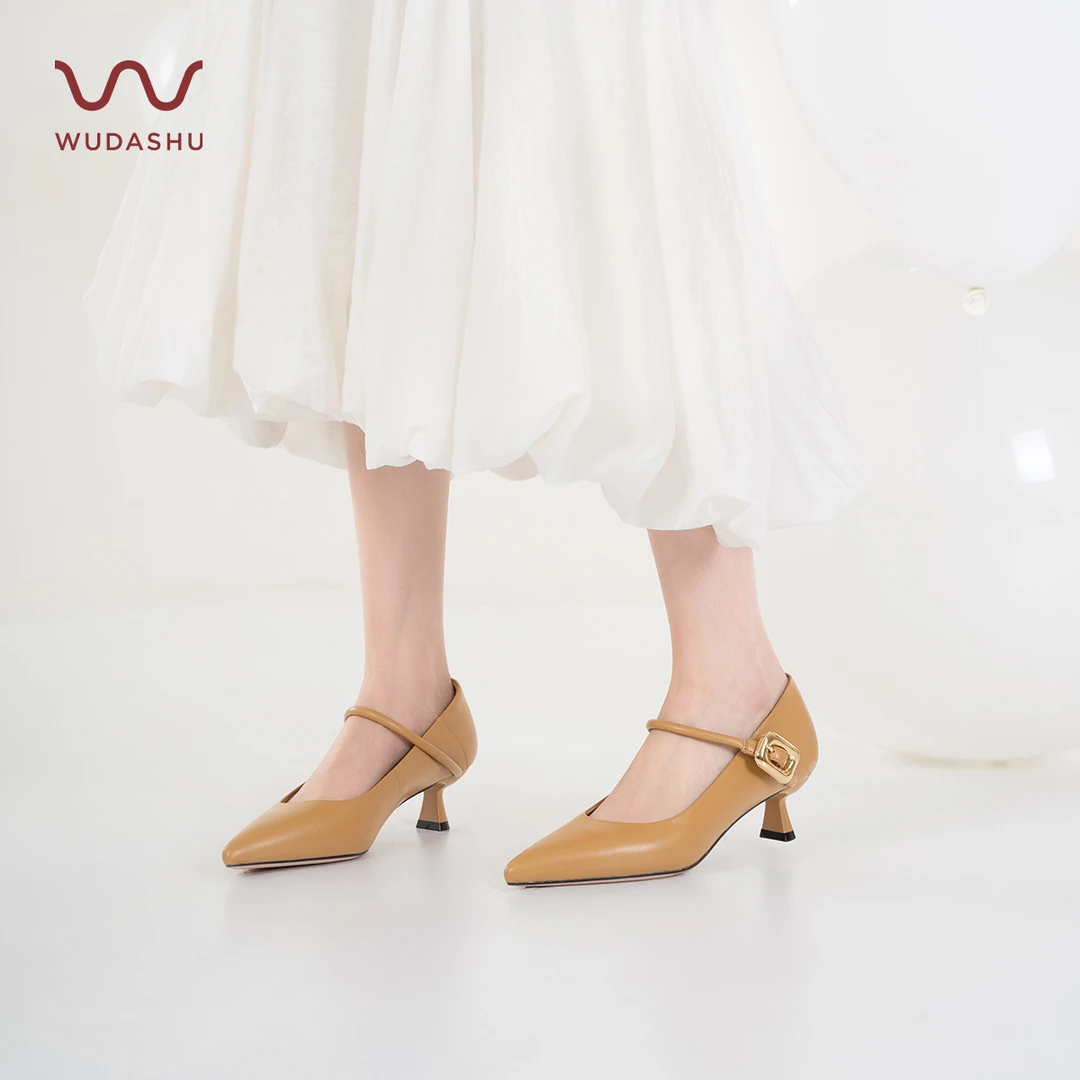吴大叔法式气质小羊皮一字扣玛丽珍通勤尖头细跟舒适单鞋女D077