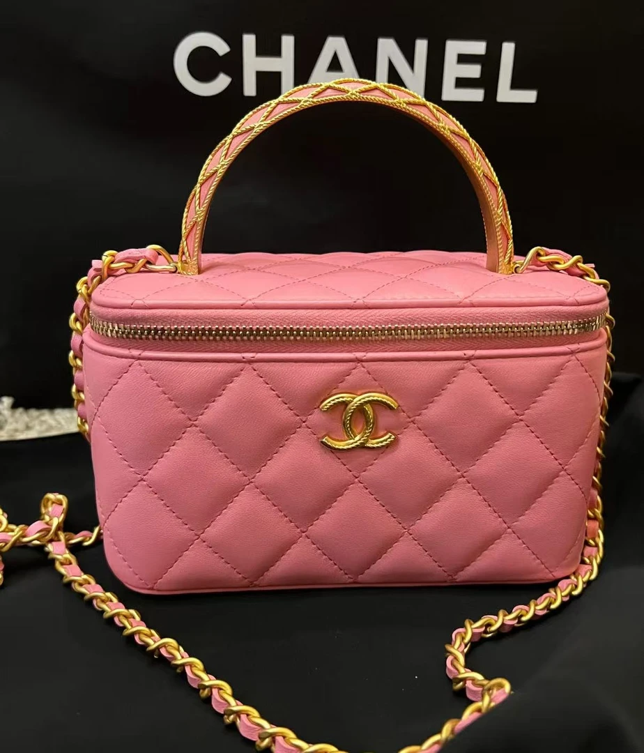 95新 Chanel/香奈儿 23A蕾丝手柄长盒子粉色金扣芯片款/93055801