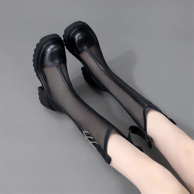 夏季薄款粗跟镂空网纱长筒靴女2025新款韩版时尚显腿长V口凉靴潮