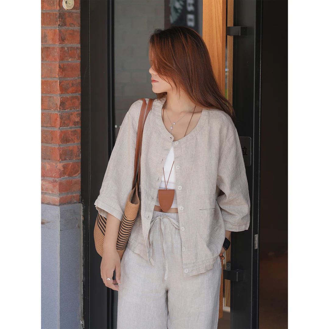 100%亚麻 夏季薄款七分袖圆领外搭宽松显瘦高级简约女士开衫外套