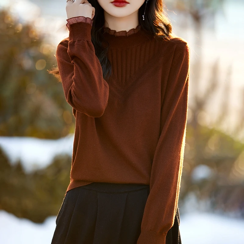 洋气蕾丝领口长袖针织衫秋冬半高领精纺羊毛套头打底衫内搭女