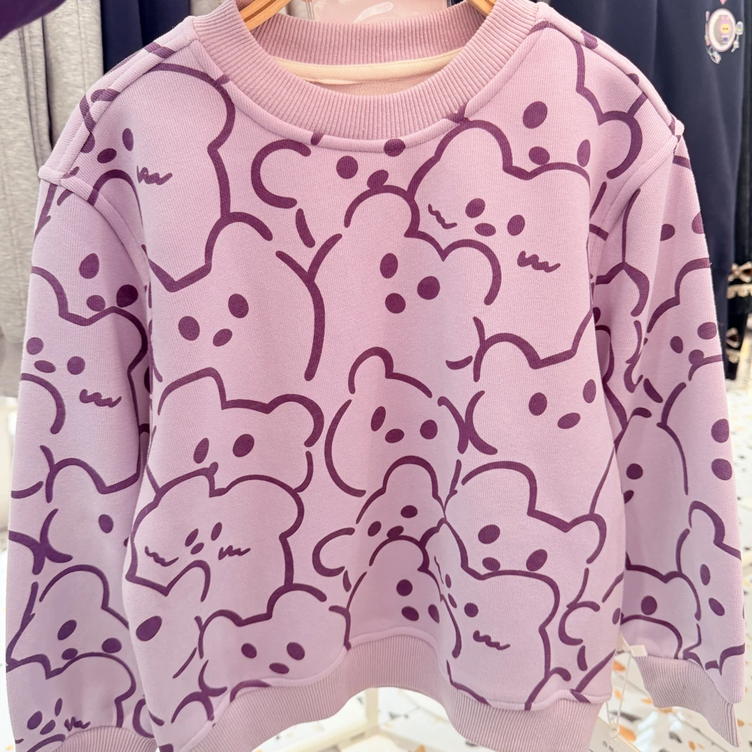 女小童 满印小熊图案一体绒卫衣