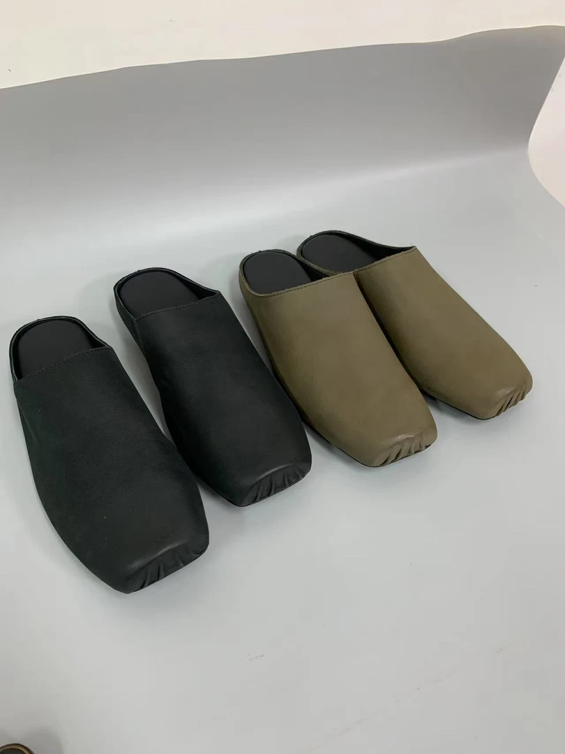 WANG欧美外贸包头复古低跟拼色包头拖全真皮凉拖软底职场休闲风