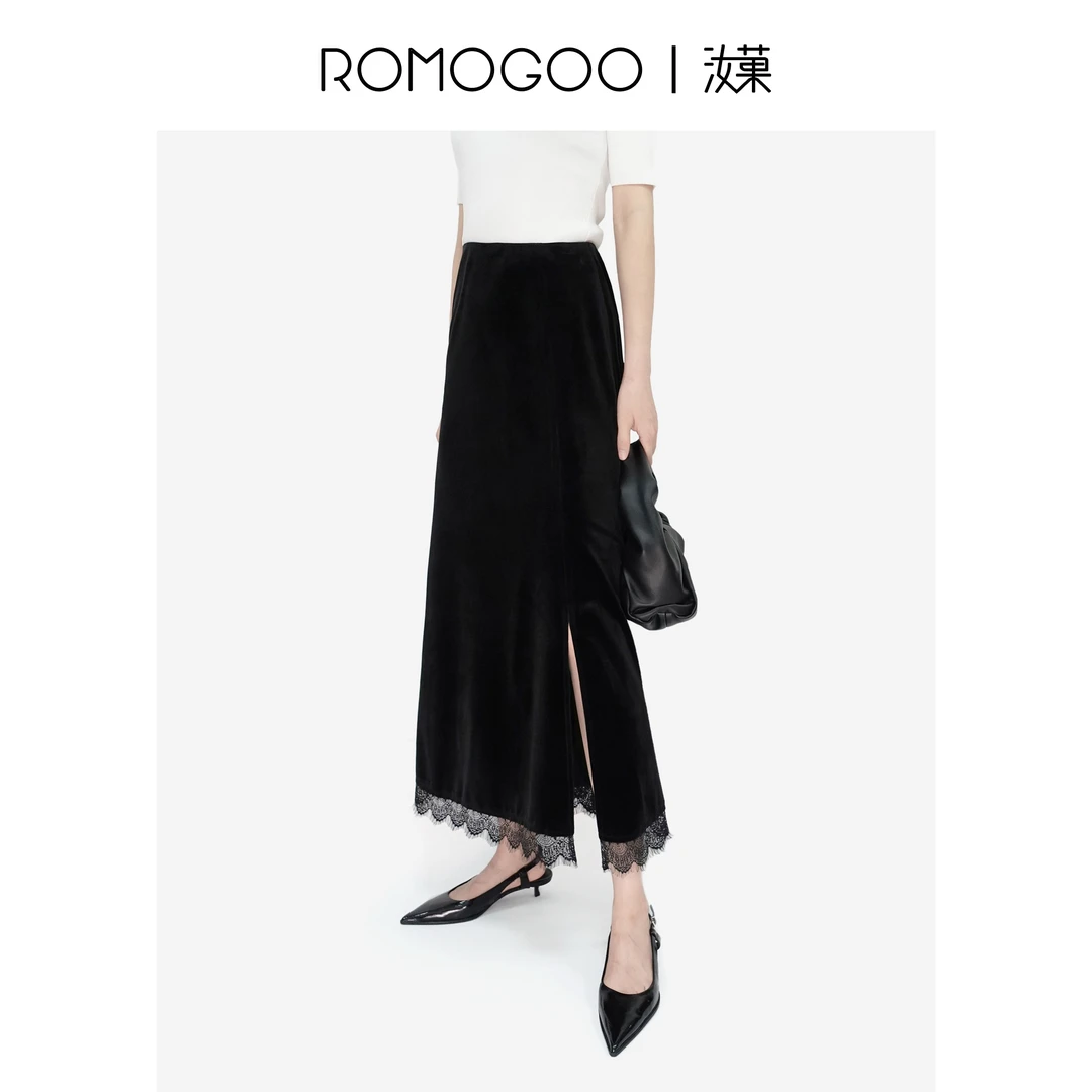 ROMOGOO汝菓【星线好物】曜黑色丝绒蕾丝拼接半裙RG603103