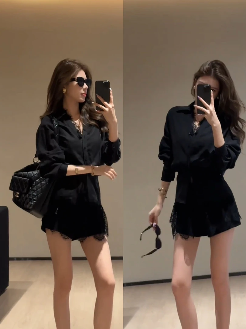 （现货）禾呈轻熟风黑色蕾丝衬衫女宽松长袖上衣蕾丝背心裙短裤套装