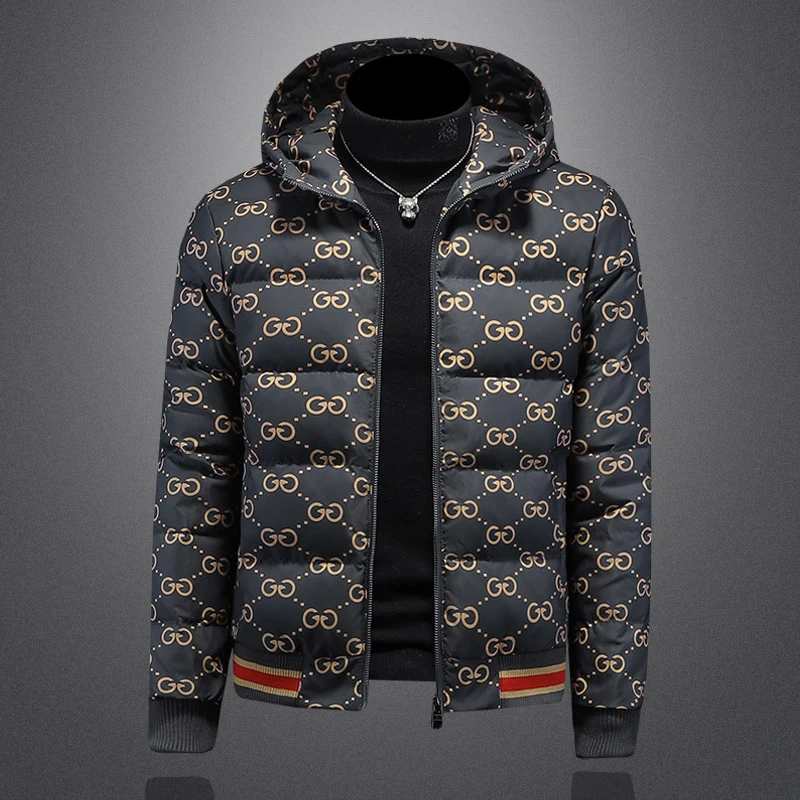 欧洲站男士连帽印花羽绒服外套韩版潮流大码连帽男装时尚夹克衣服