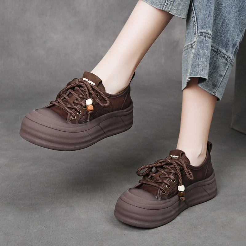 秋冬新款头层牛皮系带休闲单鞋真皮复古串珠厚底小个子女鞋潮