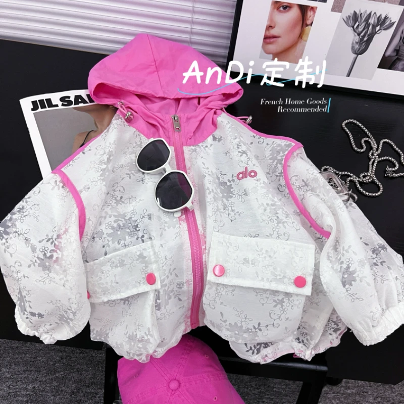 〖ANDI〗安迪订制女童夏季韩版薄款花朵时尚拼色连帽外套4357