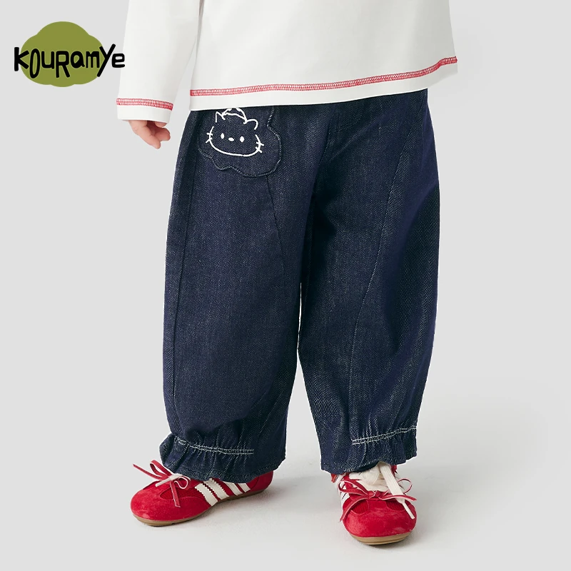 酷娃米2025秋季新款儿童裤子中小女童刺绣小猫褶边牛仔裤70455