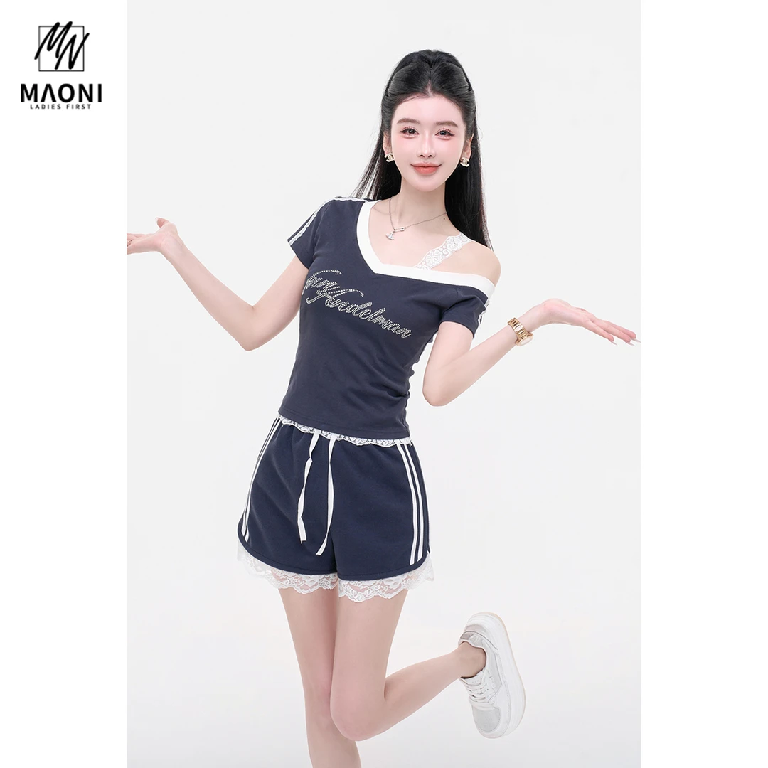 毛妮LADIESFIRST【活力甜风】蕾丝拼接套装单肩吊带T恤+短裤L1907
